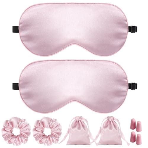 Image of JroyJoy Silk Sleep Mask for Women - 100% Blackout, Super Soft Eye Mask for Side Sleepers, Sleeping Mask with Adjustable Strap, Pink Scrunchies for Women, with Travel Pouch