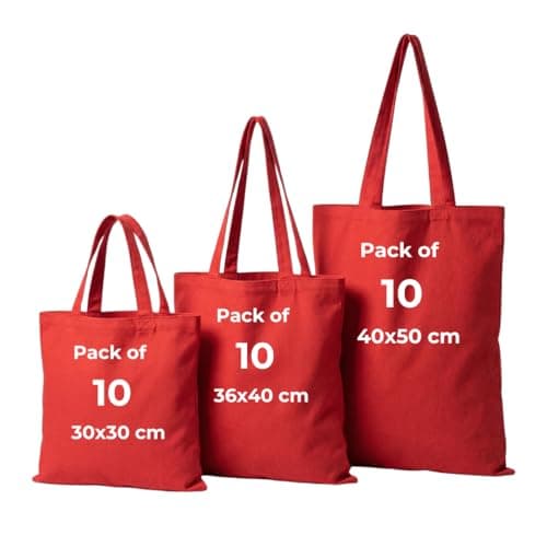 Image of IMFAA Pack of 10 Premium-Quality Long Lasting 100% Cotton Canvas Tote Reusable Shopping Bags Ideal for Printing and Embroidery (Red,Large 50x40x60)