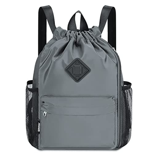 Image of WANDF Drawstring Backpack Sports Gym Bag with Shoes Compartment, Water-Resistant String Backpack Cinch for Women Men(Grey,Medium)