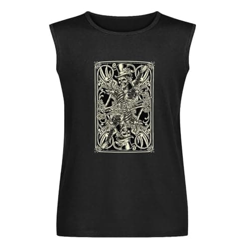 Image of Skeleton Playing Card Goth Emo Tattoo Skull Unisex Sleeveless T-Shirt Vests Top Black Mens Tank Tee L