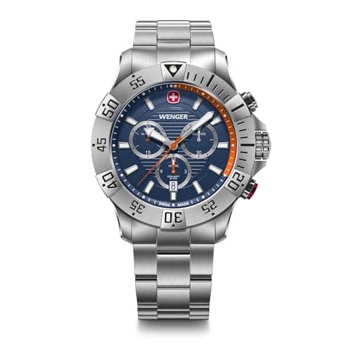 Image of Wenger Men’s Watch Seaforce Chronograph Ø 43 mm, Swiss Made, Analogue Quartz, Water-Resistant up to 200 m, Stainless Steel Strap, Silver/Blue, 01.0643.125
