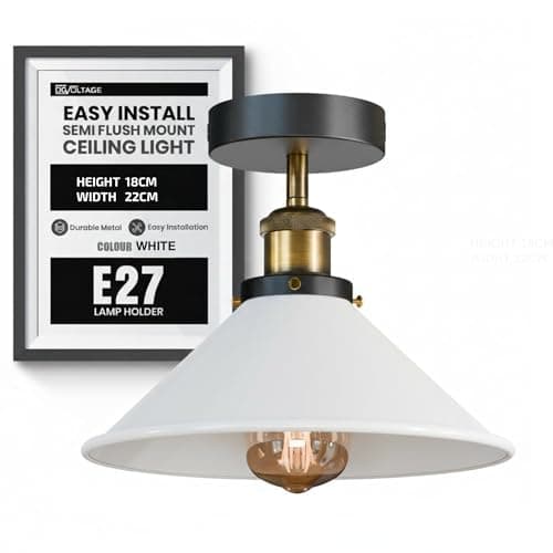 Image of DC VOLTAGE Flush Ceiling Light 22cm E27 Base Vintage Metal White Cone Shade Semi Flush Mount Ceiling Light Fitting for Bedroom, Living Room, Kitchen, Hallway UK Indoor Ceiling Fixture with Bulb
