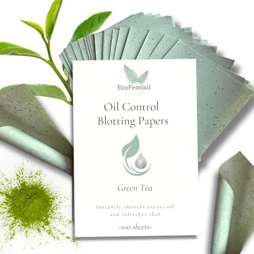Image of EcoFeminii Green Tea Facial Oil Blotting Papers (100 Medium Sheets, 6cm x 9cm) - Max Absorbency Sheets for Face & T-Zone, Fresh Complexion