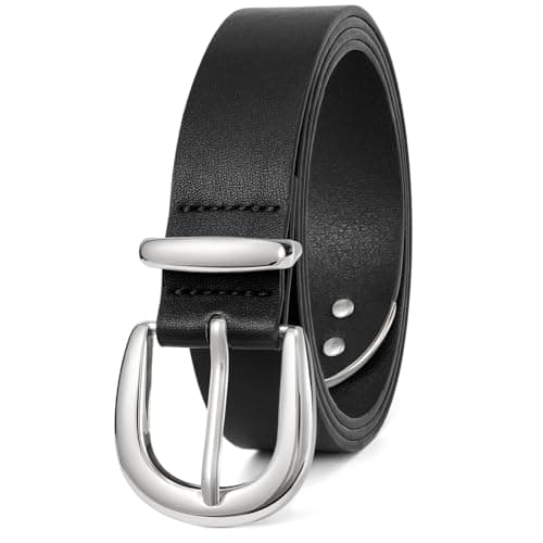 Image of LEACOOLKEY Women Leather Belt for Jeans Pants Ladies Casual Waist Belt Fashion Belt with Silver Buckle 1.1in width,Black,Fit waist size 43"-49"