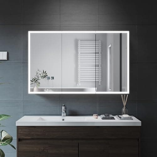Image of ELEGANT LED Bathroom Mirror Cabinet, Illuminated Wall Mounted Cabinet with Bluetooth Speaker and Shaver Socket Triple Door 1050 x 650mm Storage Cabinets