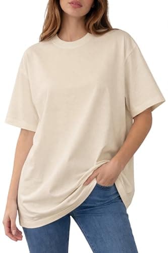 Image of Re Tech UK - 100% Cotton Oversized T Shirts for Women UK - Soft Baggy Tee - Ladies T Shirts Loose Fit Crew Neck - Plain Short Sleeve Top - Everyday Wear & Holidays (Cream/Ivory, L)