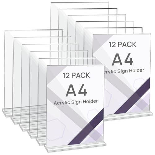 Image of JEFURE A4 Acrylic Sign Holder, 12 Pack Clear Perspex Display Stands, T-shape Plastic Poster Stand, Double-sided Menu Holder for Home, Office, Store, Restaurant