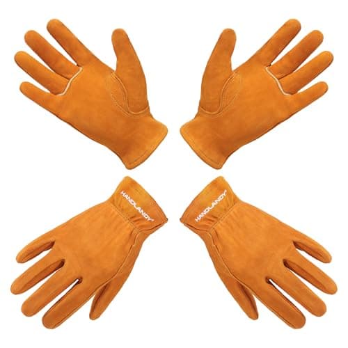 Image of HANDLANDY 2 Pairs Kids Genuine Leather Work Gloves for ages 3-11, Children Gardening Gloves for Boys, Girls (Medium (for age 5-7), Orange)