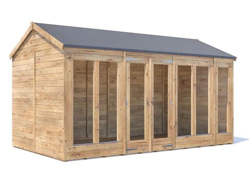Image of Dunster House Summerhouse 4m x 2.4m Reverse Apex Roof, Fully Pressure Treated Timber, 15mm Tongue and Groove, walls Roof and Floor, 4mm Toughened Glass, Superfelt and Fixings Included