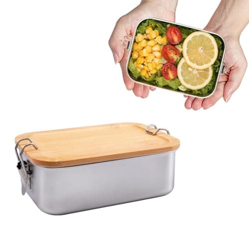 Image of burkfeeg 850ml Lunch Box Stainless Steel, Lunchbox Adult, Lunch Container, Stainless Steel Food Containers, Bento Box Metal with Wooden Lid, Multi-Purpose Bamboo Lid for School, Work, Picnic