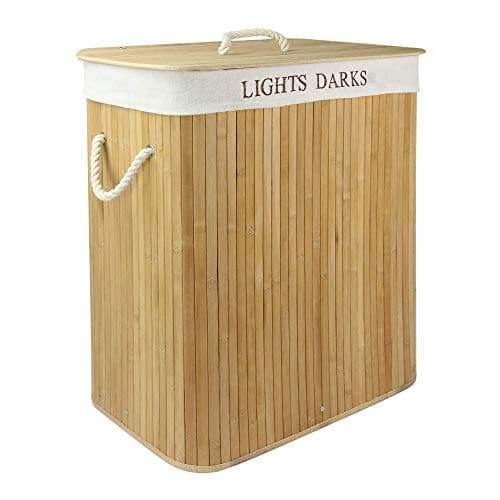 Image of Bamboo Laundry Basket 102 L – Dual Compartment Foldable Hamper with Stronger Frame and Secure Lid – Sustainable Natural Bathroom or Bedroom Laundry Organizer | M&W