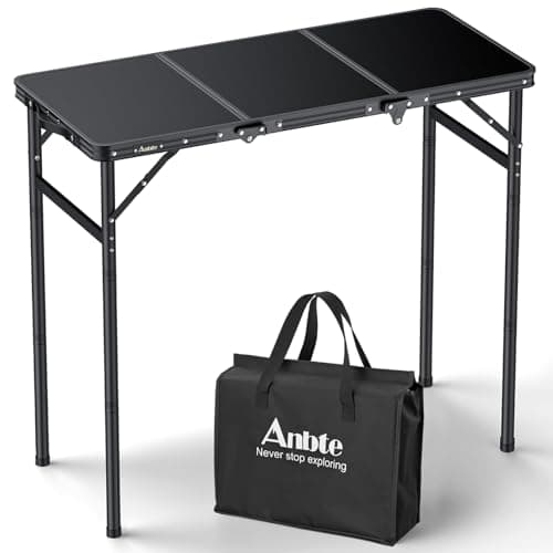 Image of Anbte 3ft Tri-fold Camping Table Max 74cm, 3 Adjustable Heights Sturdy Aluminum Folding Camping Table with Storage Bag, Lightweight Portable Handle for Travel Outdoor Beach Picnic, 90cm x 40cm, Black