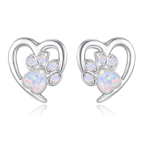 Image of S925 Sterling Silver Studs Earring for Women Teens Girls - Cute Cat Little Puppy Dog Paw Studs Earrings, Stylish October Pink Opal Love Heart Earring Jewellery Gifts for Pet Lovers Birthday Christmas
