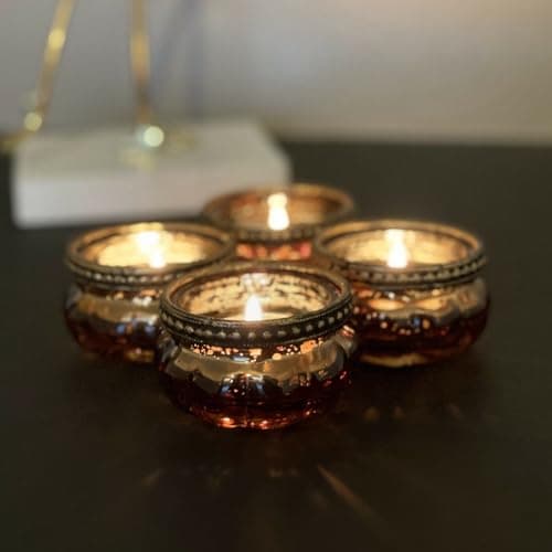 Image of Set of 4 Bronze Ribbed Metal Rim Vintage Glass Tealight Candle Holders Wedding Table Decoration