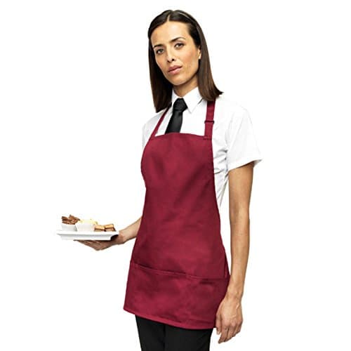 Image of Adults/Unisex SHORT Polycotton 2 in 1 Waist Apron with Bib and Pockets - Cafe/Restaurant/Bar/Pub (Burgundy)