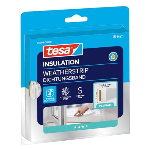 Image of tesa INSULATION Weatherstrip - Sealing Tape S - PE Foam Seal for Insulating gaps in the home, Self-adhesive - White - 6 m x 9 mm x 4 mm