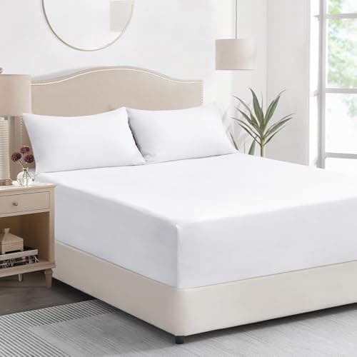 Image of Tifschlaf King Size Fitted Sheet Deep - White Kingsize Bed Sheet Extra Deep Pocket 16 inch (40 cm), Soft Brushed Microfiber Mattress Bottom Bedding Sheet, 150x200cm