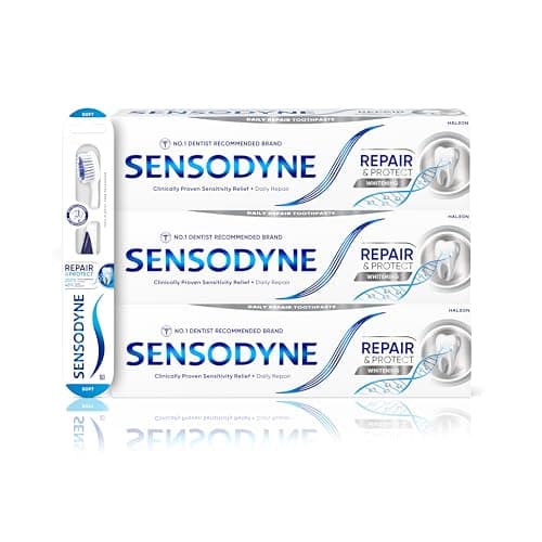 Image of Sensodyne Toothpaste Repair and Protect, Teeth Whitening Toothpaste Multipack with Sensodyne Toothbrush, 3 x 75ml