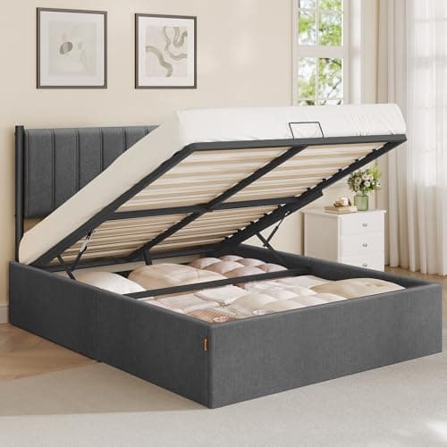 Image of VASAGLE Double Bed Frame, 135 x 190 cm, Ottoman Bed with Lift-Up Storage, Hydraulic Lift, Modern Minimalist, Easy Assembly, Slate Grey RMB616GN01