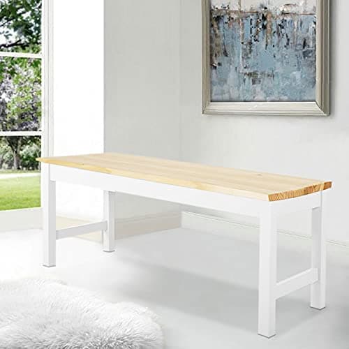 Image of Warmiehomy Dining Bench,Elegant Modern Bench Solid Pinewood & Sturdy Metal Frame, Durable 2-Seater for Living Room, Bedroom, Kitchen, Patio,90CMx35CMx44.5CM, Natural Pine & White