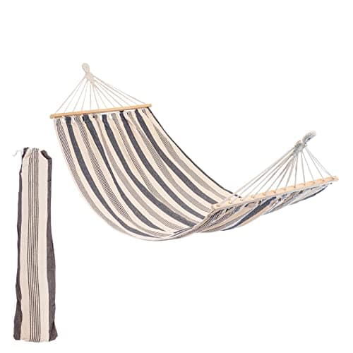 Image of 276cm Navy Stripe Cotton Hammock with Wooden Spreader Bars & Cotton Carry Bag - Outdoor Swining Garden & Camping Seat - by Harbour Housewares