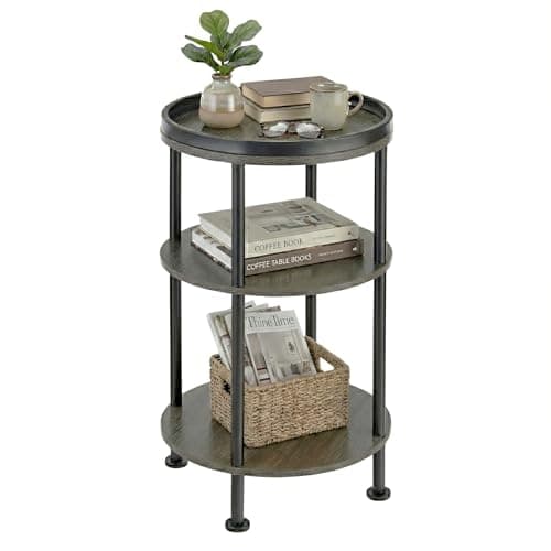 Image of YEAKOO Nordic End Table, 3-Tier 30cm Round Side Table with Storage Shelf Edge Protection Tray, Sturdy Metal Frame Coffee Table Bedside Table for Living Room Bedroom Small Spaces/Grey