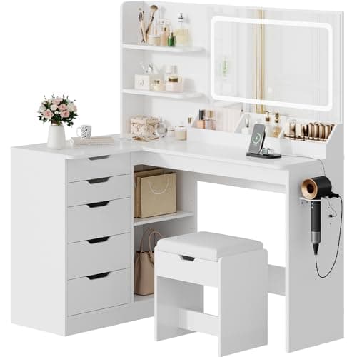 Image of TRIUMPHKEY Dressing Table with Stool,Vanity Desk with 5 Drawers,Power Outlet,Corner Makeup Table with 3 Colors LED Mirror,Open Shelves,Bedroom Furniture for Women Girls
