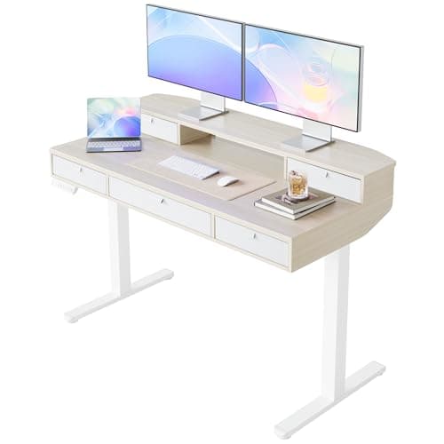 Image of HUANUO 120 x 60cm Standing Desk with Drawers, C-Clamp Mount Compatible, Height Adjustable Electric Standing Desk with 4 Memory Height Settings for Home Office, Natural