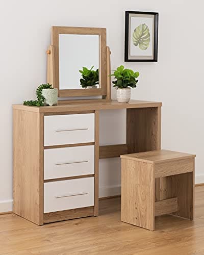 Image of Seconique Seville Dressing Table Set in White Gloss/Light Oak Effect Veneer