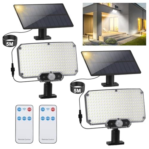 Image of ISOISL Split Solar Security Lights Outdoor,234 LED Motion Sensor Wall Lights with Separate Solar Panel & 5M Cable, 270° Wide Angle,3 Modes Remote IP65 Waterproof for Shed,Garage,Yard,Garden,2 Pack