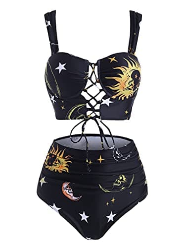 Image of DRESSFO Bikini Set for Women Two Piece Bathing Suit High Waisted Bikini Gothic Sun and Moon Tummy Control Swimsuits, Yellow, S