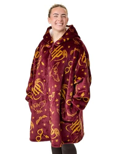 Image of Harry Potter Womens Wearable Blanket Hoodie | Adults Hooded Zip Fleece in Burgundy | HP All Over Hedwig Owl Print Sherpa Lined Loungewear with Pockets | Magical Wizard Movie Merchandise Gift
