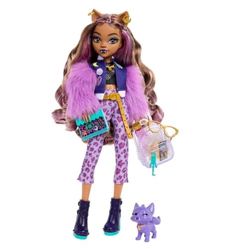 Image of Monster High Clawdeen Wolf Doll with Pet Dog Crescent and Accessories like Backpack, Planner, Snacks and More, HRP65