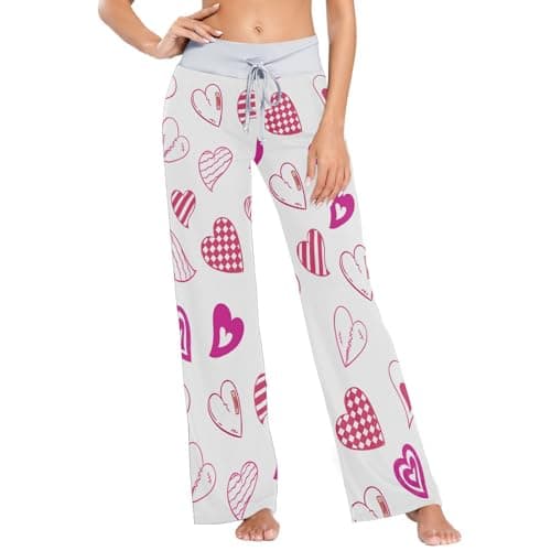 Image of Pajamas Pants For Women Cute Heart Or Love Icons with Doodle Style Ladies Night Pants Wear for Womans Pyjamas, Cute Heart Or Love Icons With Doodle Style, Large