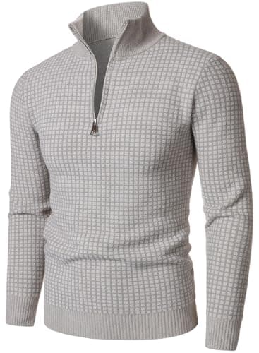 Image of HOOD CREW Men's Quarter Zip Knitted Jumper Lightweight Stand Collar Pullover Sweater Regular Fit Warm Top Beige