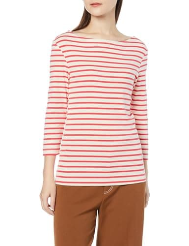 Image of Amazon Essentials Women's Slim-Fit 3/4-Sleeve Boat-Neck T-Shirt, Ivory Red Stripes, M