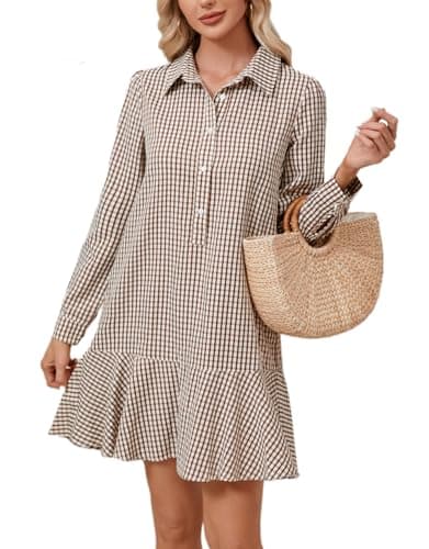 Image of YEXPINE Women‘s Tunic Shirt Mini Dress Long Sleeve Cotton Short Dress Button Up Ruffle Hem Shift Dresses, Brown Plaid, M