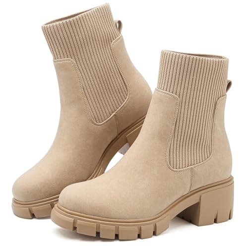Image of Chelsea Boots Women Ankle Boots For Women Uk Walking Suede Fall Shoes Light Beige Sand Size 6 Platform Ladies Wedge Boot Short Wellies Elastic Chunky Heel Lug Sole Slip On Boot Winter Booties Snow