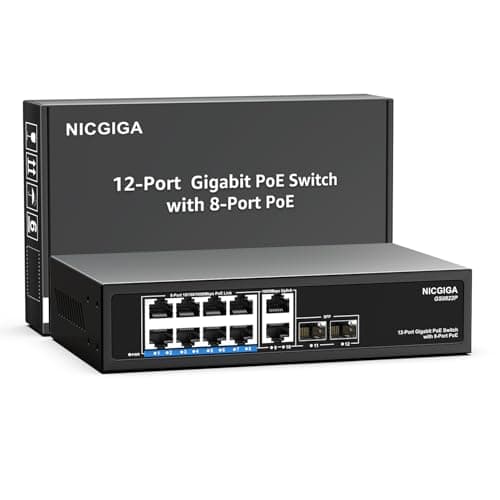 Image of 12 Port Gigabit PoE Switch Unmanaged with 8 Port IEEE802.3af/at PoE+@120W, 2 x 1000Mbps Uplink + 2 x 1G SFP, NICGIGA 8 Port Network Power Over Ethernet Switch, Desktop/Wall-Mount.