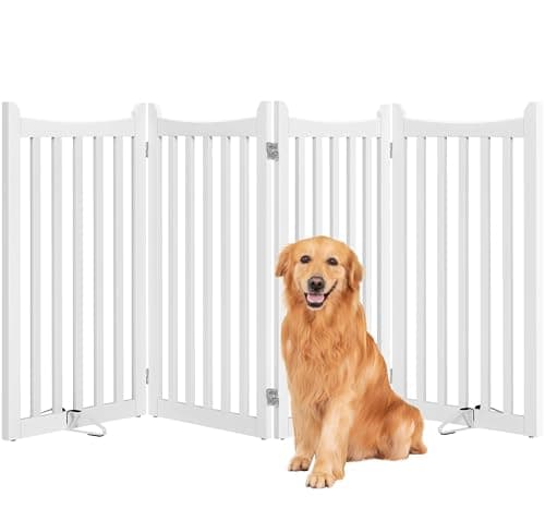 Image of Yaheetech Freestanding Pet Gate Indoor 4-Panel Wooden Dog Gate for Small and Medium Dogs, Foldable Pet Fence with 2 Support Feet,Dog Door for Doorways/Stairs/Halls/Kitchen (91cmH,White)
