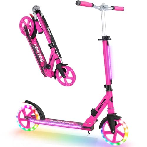 Image of BELEEV Scooters for Kids Ages 6+ with Light-Up Stem & Deck, 2 Wheel Folding Scooter for Adults Teens, 4 Adjustable Height, Lightweight Sport Commuter Scooter, Max Load 220 lbs(Rose Pink)