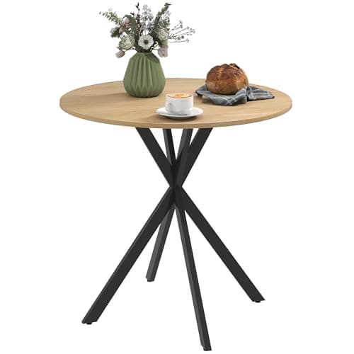 Image of HOMCOM 80cm Round Dining Table, Industrial Kitchen Table with Cross Steel Legs for Dining Room, Kitchen, Living Room, White Oak