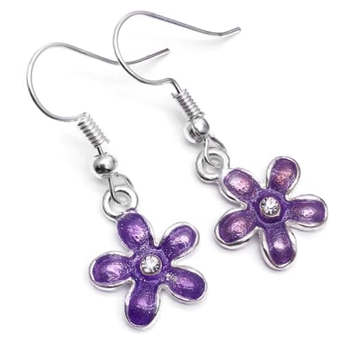 Image of Purple Flower Earrings, Enamel Charm Beads on Nickel Free Silver Plated Hooks : 34mm long, Pretty Floral Jewellery Gift for Women