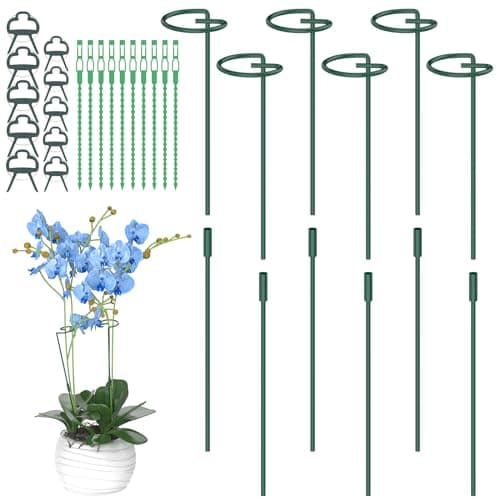 Image of Hanotic 6Pcs Plant Support Stakes, 30cm, 60cm,90cm Adjustable Garden Single Stem Metal Plant Support Rings, with 10 Orchid Clips and Twistties for Peonies Tomatos