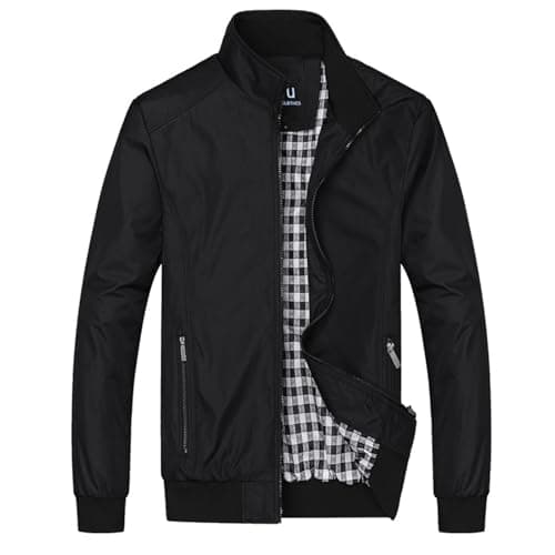 Image of Duohropke Bomber Jacket Men's Thin Transition Jacket with Stand-Up Collar Short Coat Outdoor Sports Jacket with Zip Blouson Jacket Biker Jacket Leisure Jacket Pilot Jacket for Business Leisure, black