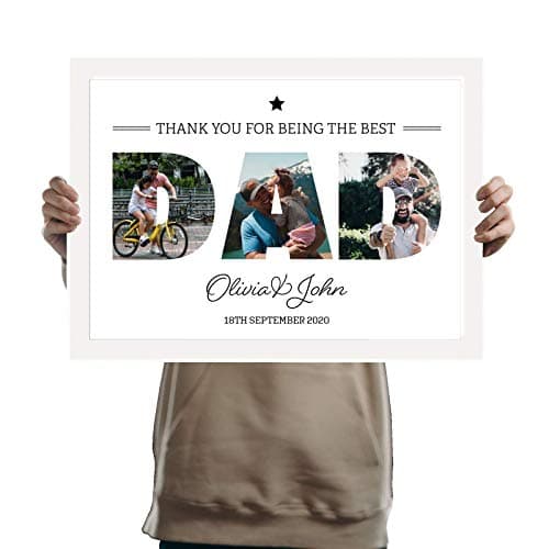 Image of Personalised Photo Frame A3 White Printed with DAD and Collage of pictures inside the letters with a special message. Gift for Him, Dad, Birthday, Christmas, Fathers Day