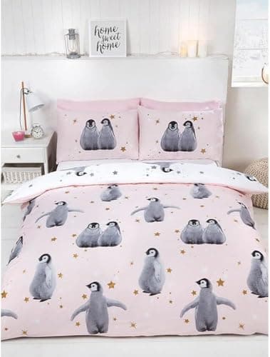 Image of Rapport Home Starry Penguin Double Duvet Cover Set | Reversible Polycotton Bedding with 2 Pillowcases | Cute Blue Design for Kids, Teens & Adults (200x200cm)