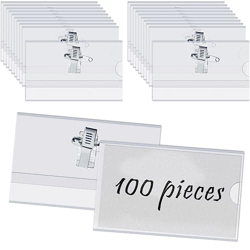 Image of TMBMLPP 100 PCS Name Badges with Crocodile Clip and Safety Pin, Clear Badges with Pins Horizontal ID Card Holder for School, Colleges, Offices, Corporate Event, Conference