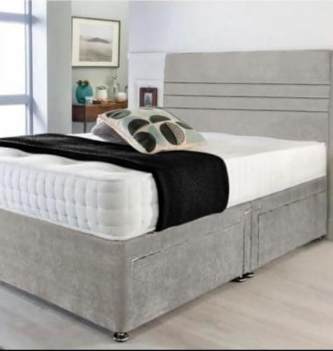 Image of Fireplaces 4 Life Light Grey Plush Divan Bed Set + Memory Mattress + 24" Matching Headboard * Storage Available (2 Drawers Same Side, 4ft Small Double)