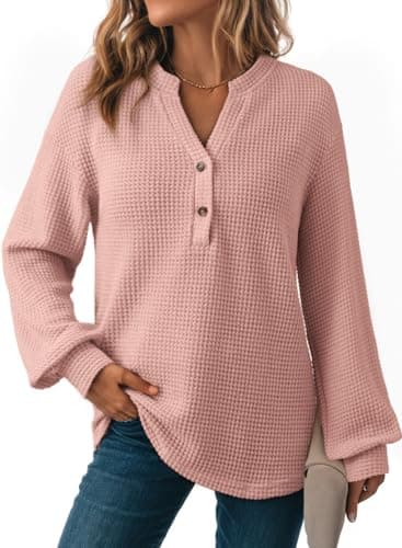 Image of Dokotoo Womens Tops Long Sleeve Women Pullover Sweatshirt Waffle Knit Oversized Ladies Jumpers Solid Casual Tunic Top Dressy V-Neck Half Button Women's Blouses Shirts Apricot Pink XL
